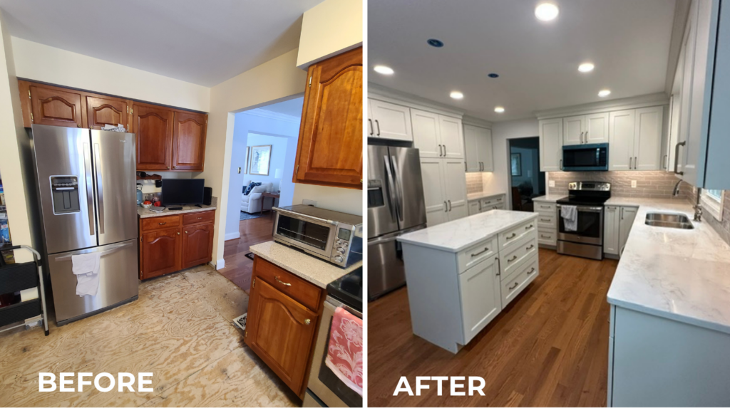 Outdated Severna Park kitchen before remodel, showing low bulkhead above cabinets and water-damaged hardwood flooring.